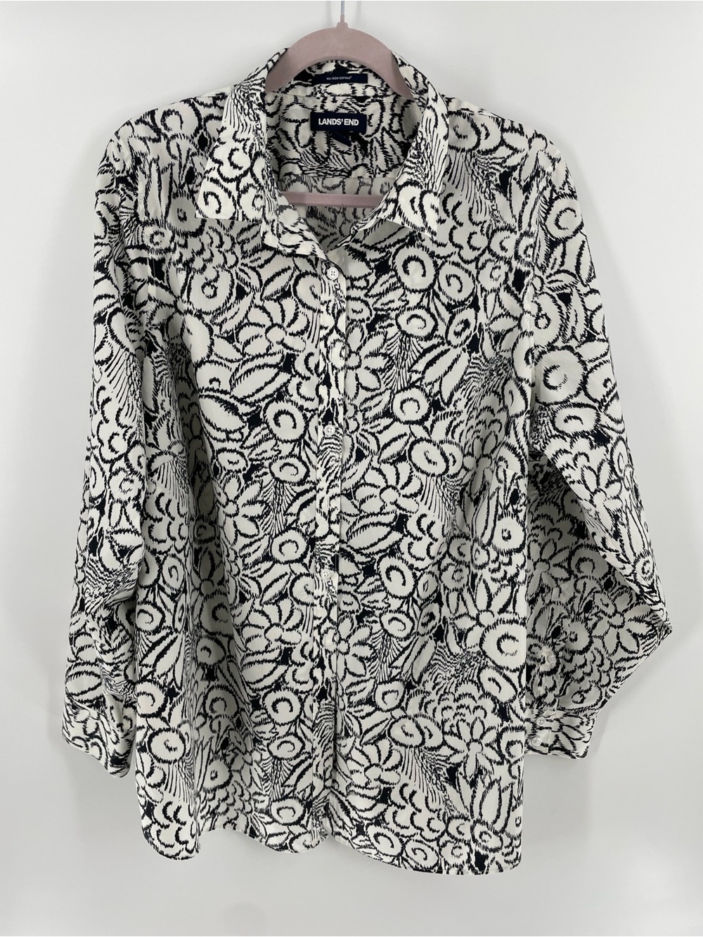 Lands End Cream Black Floral Supima Cotton No Iron Blouse 22W Work Wear Career